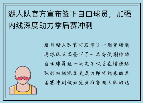 湖人队官方宣布签下自由球员，加强内线深度助力季后赛冲刺