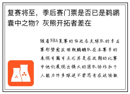 复赛将至，季后赛门票是否已是鹈鹕囊中之物？灰熊开拓者差在