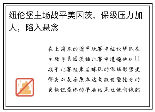 纽伦堡主场战平美因茨，保级压力加大，陷入悬念